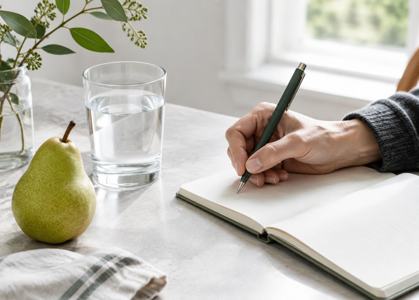Hand notiert Gedanken in einem Notizbuch neben Wasser und Obst