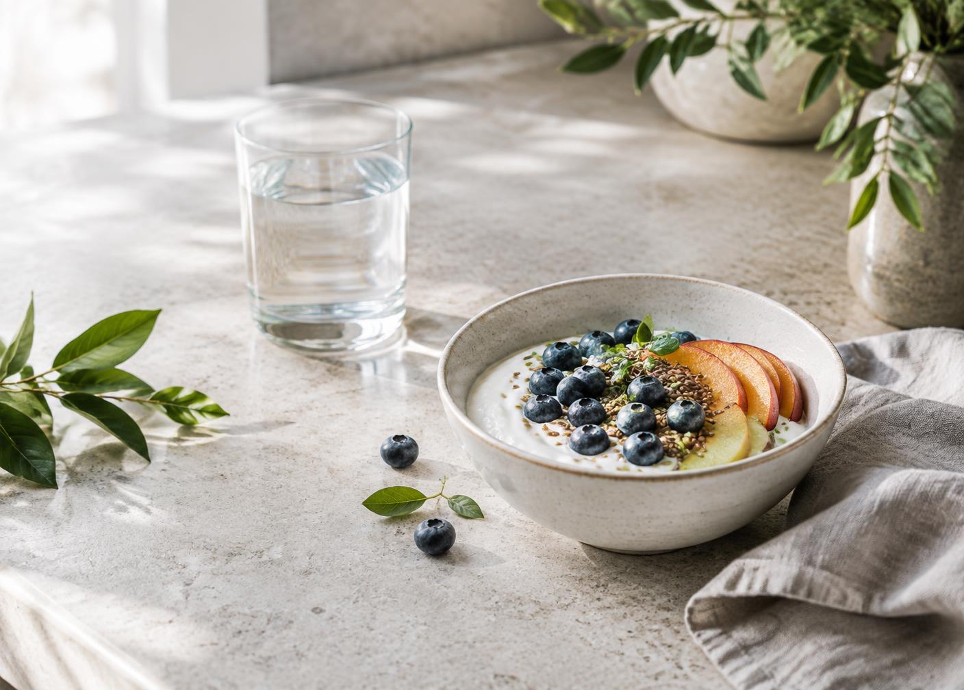 Schale mit Joghurt, Früchten und Samen neben einem Glas Wasser